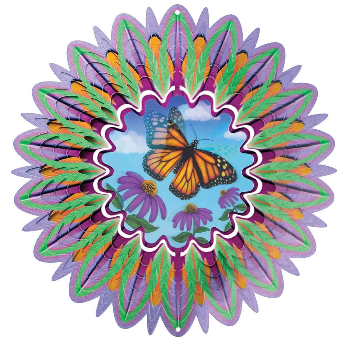 12" Animated Butterfly Wind Spinner with an acrylic lenticular disc, durable stainless steel construction, and dynamic butterfly design for outdoor décor.