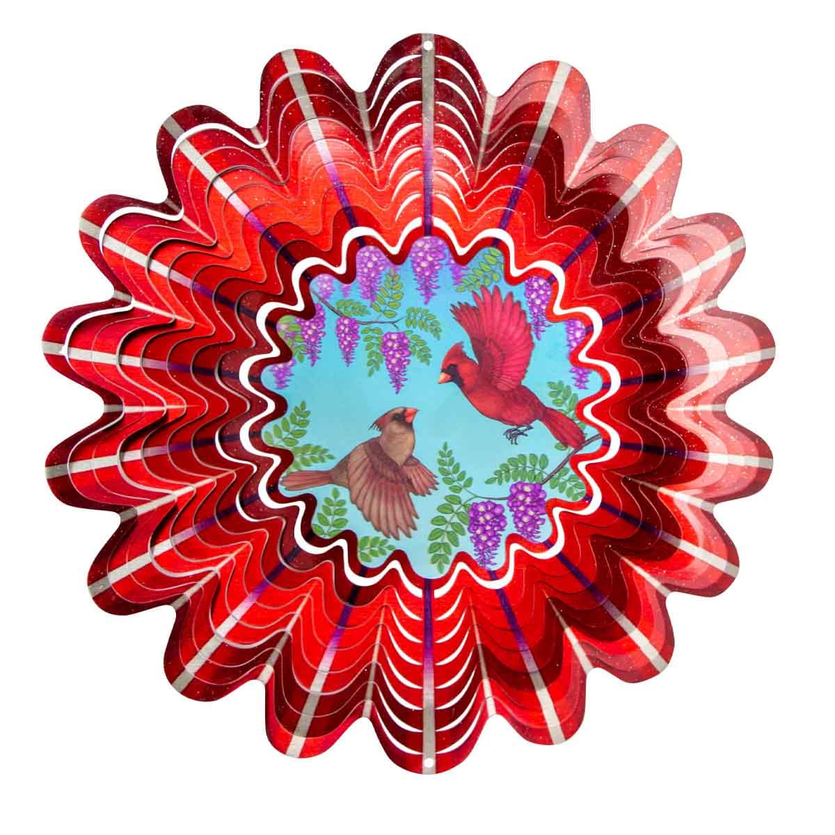 12" Animated Cardinals Wind Spinner with an acrylic lenticular disc, powder-coated stainless steel, and dynamic cardinal design for outdoor décor.