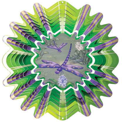 12" Animated Dragonfly Wind Spinner with an acrylic lenticular disc, durable stainless steel, and dynamic dragonfly design for outdoor décor.