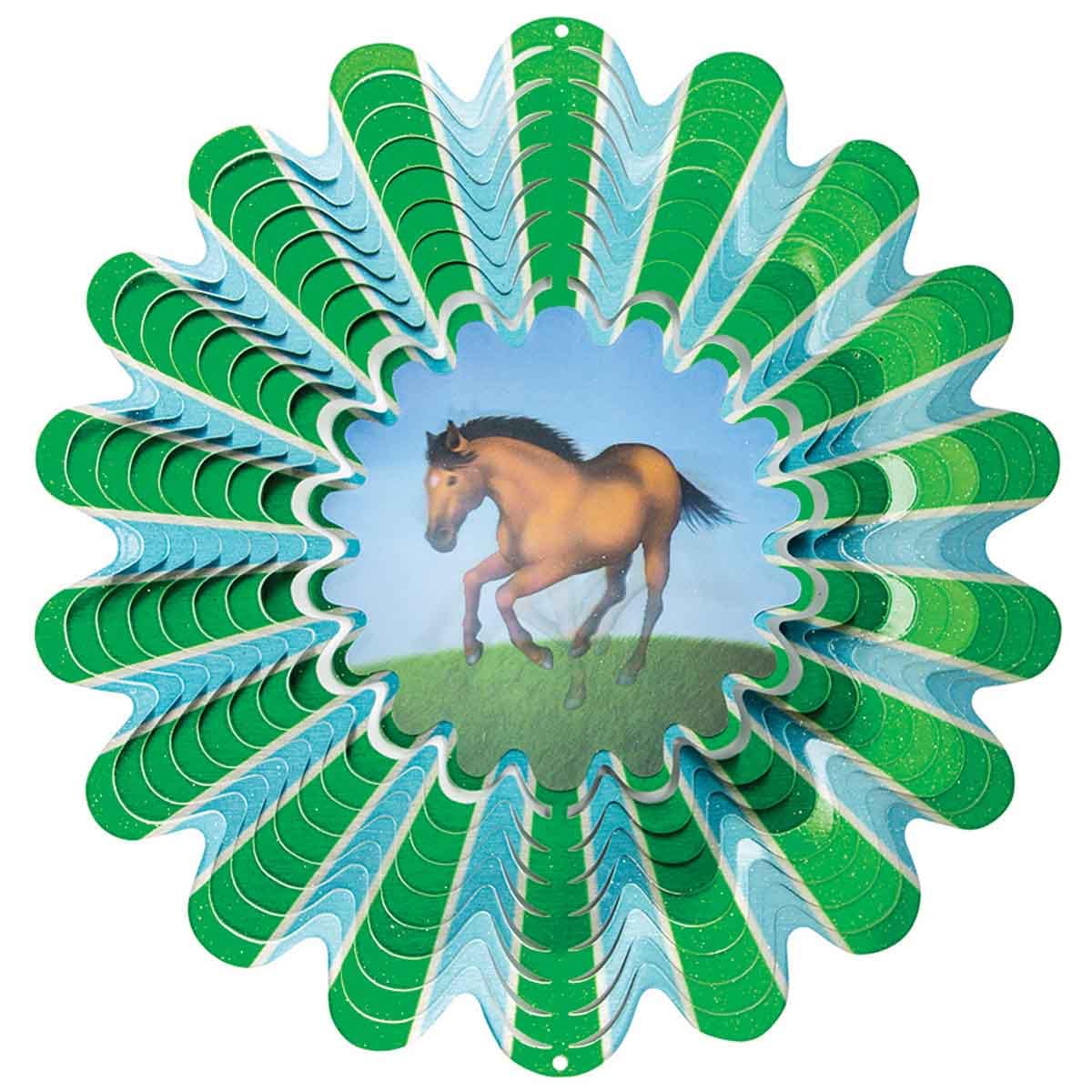 12" Animated Horse Wind Spinner with an acrylic lenticular disc, powder-coated stainless steel, and dynamic galloping horse design for outdoor décor.