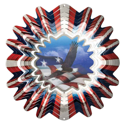 12" Animated Patriotic Wind Spinner with an acrylic lenticular disc, featuring an eagle flying over a rolling flag, made for stunning outdoor décor.