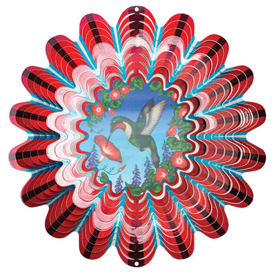 12" Animated Red Hummingbird Wind Spinner with an acrylic lenticular disc, powder-coated stainless steel, and flying hummingbird design for outdoor décor.