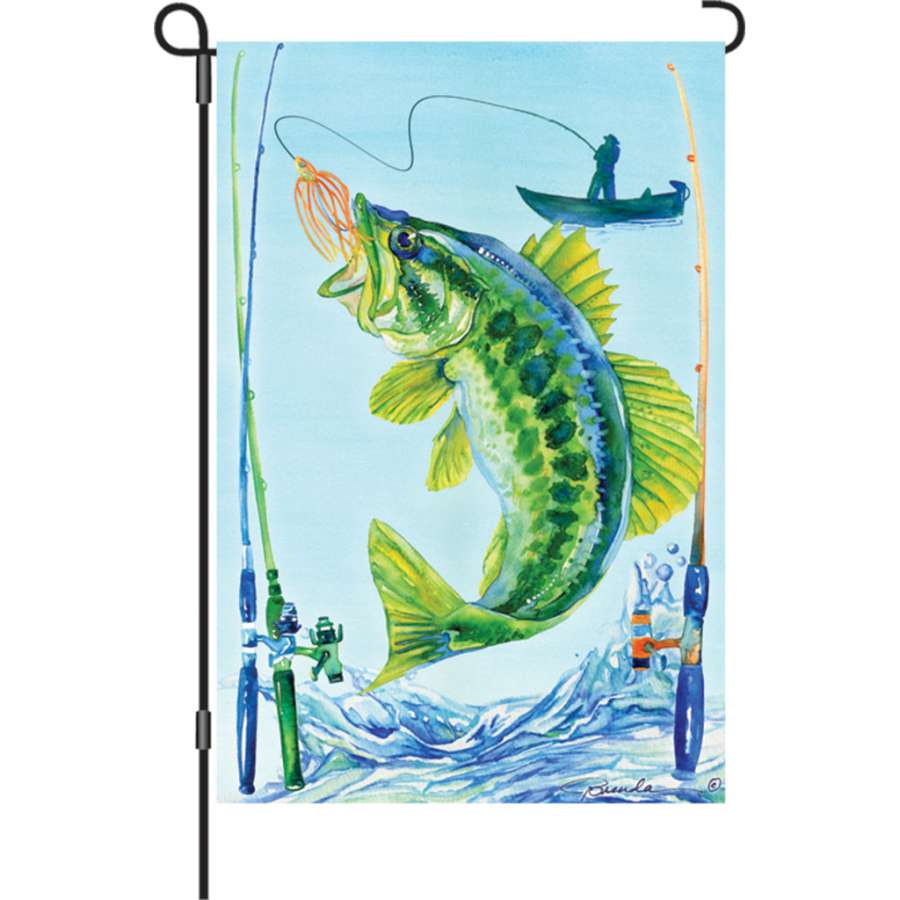 12-inch illuminated garden flag featuring a vibrant bass design, displayed outdoors in a lush garden setting.