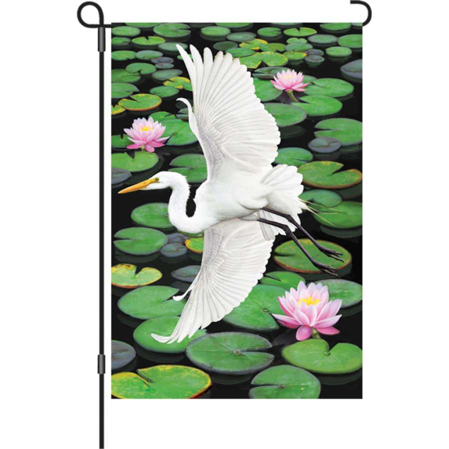 Egret Elegance illuminated garden flag measuring 12 inches, displaying a beautifully detailed egret design against colorful backgrounds.