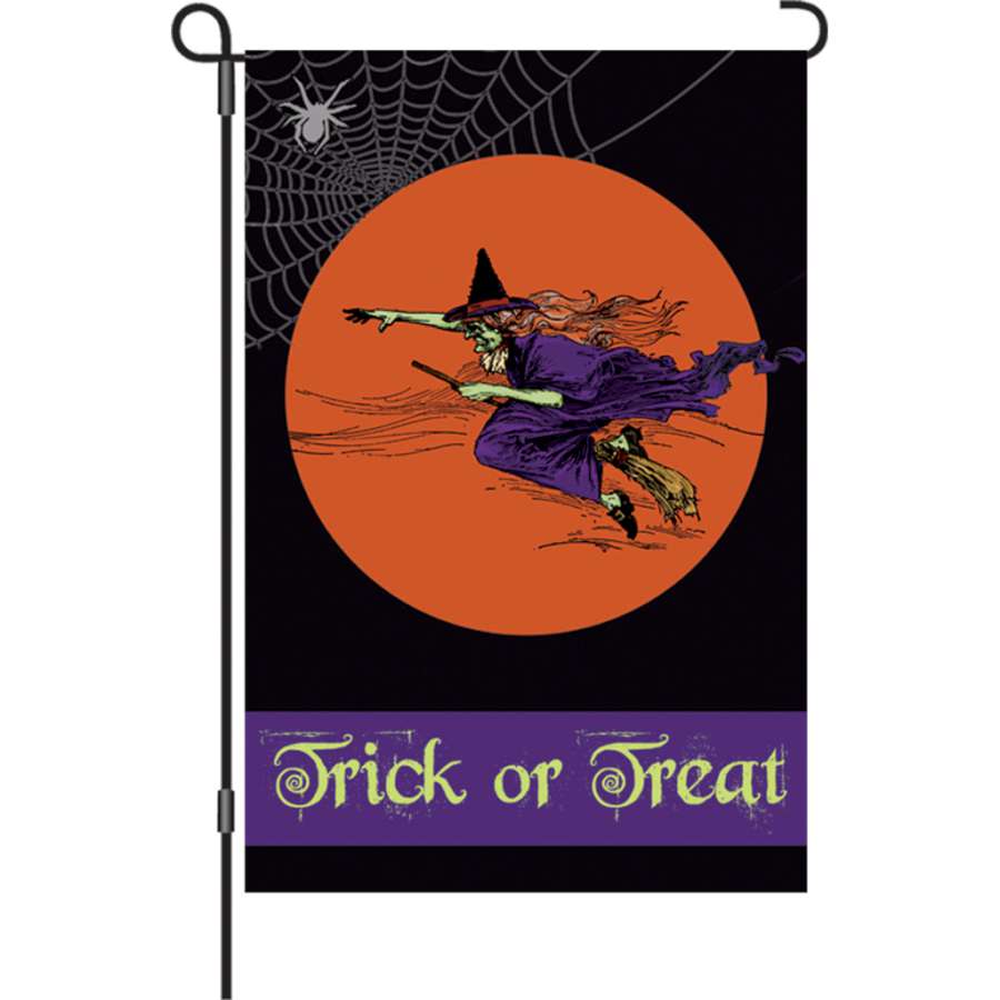 12 in. garden flag featuring a whimsical flying witch design, vividly printed on PremierSoft fabric, ideal for Halloween decor.