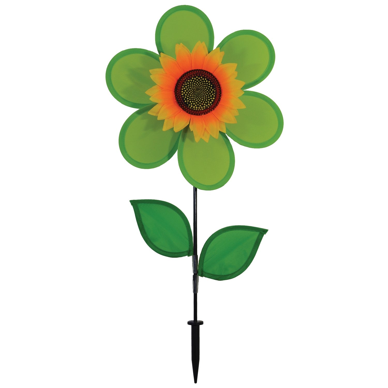 12-Inch Green Sunflower Spinner with vibrant green petals and detailed sunflower center, elegantly displayed in a garden setting.