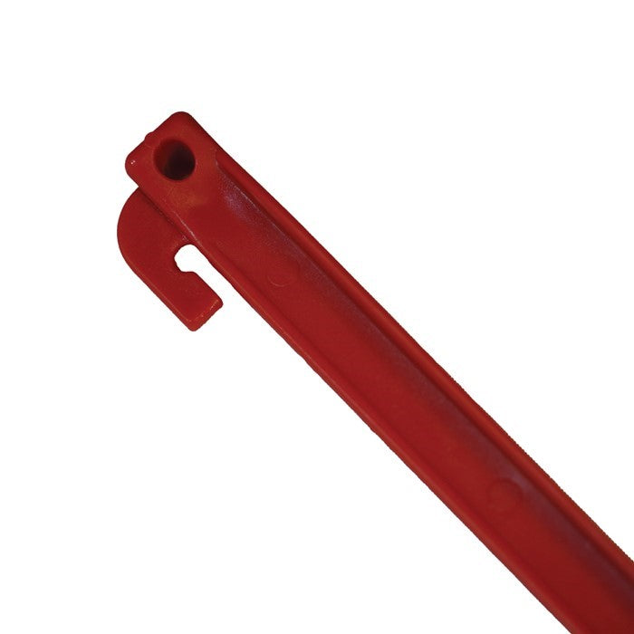 12-inch red ground stake made from shatter-resistant plastic, featuring T-shaped ridges for grip, ideal for securing tents and kites outdoors.