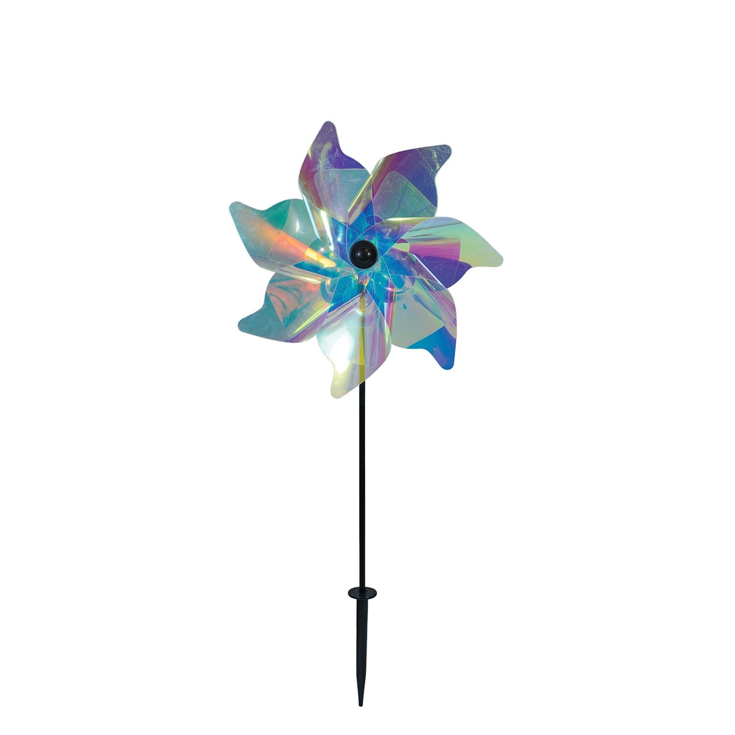 12-inch iridescent pinwheel spinner displayed in a garden, featuring colorful Mylar petals that catch the wind and reflect sunlight.