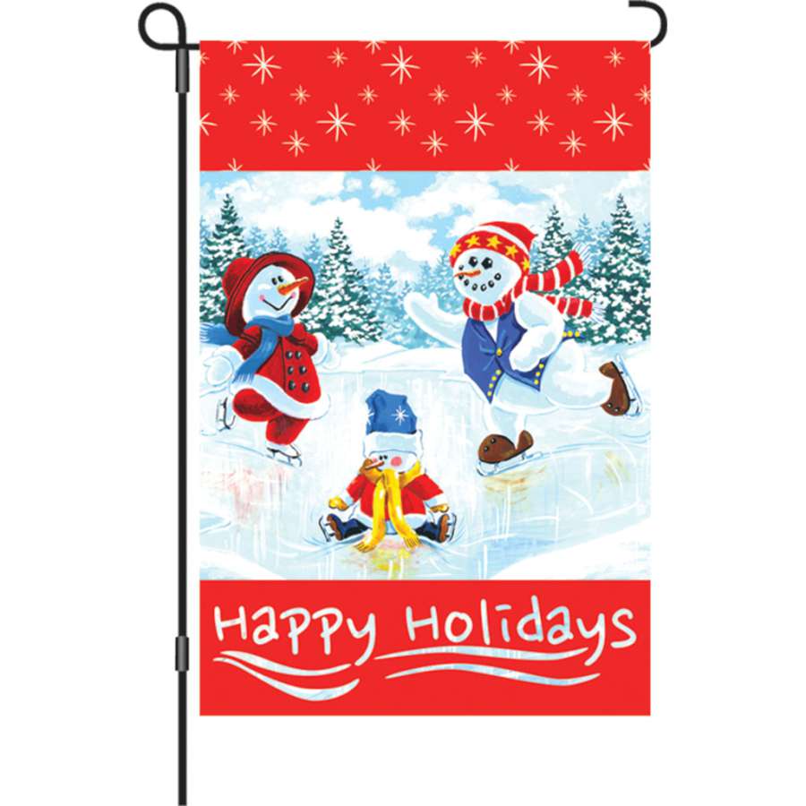 12-inch Olympic Moment garden flag displaying 'Happy Holidays' in vibrant colors, made from PremierSoft fabric, fluttering in the wind.