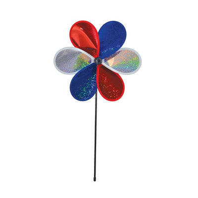 12-inch Patriot Sparkle Flower with red, white, and blue Mylar petals spinning on a fiberglass pole in a sunny garden setting.
