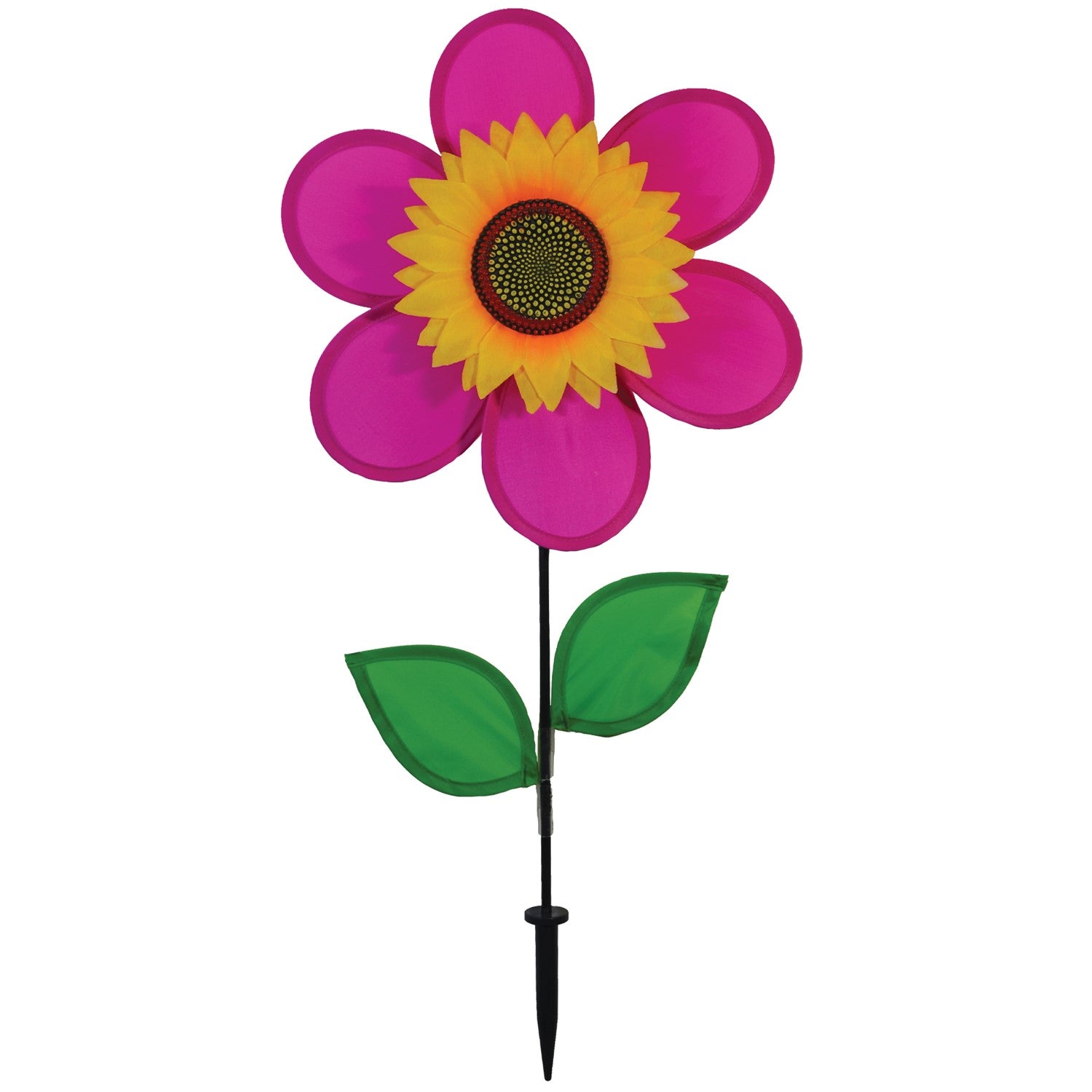 12-inch pink sunflower spinner featuring vibrant petals and realistic center displayed in a garden setting with a fiberglass pole.