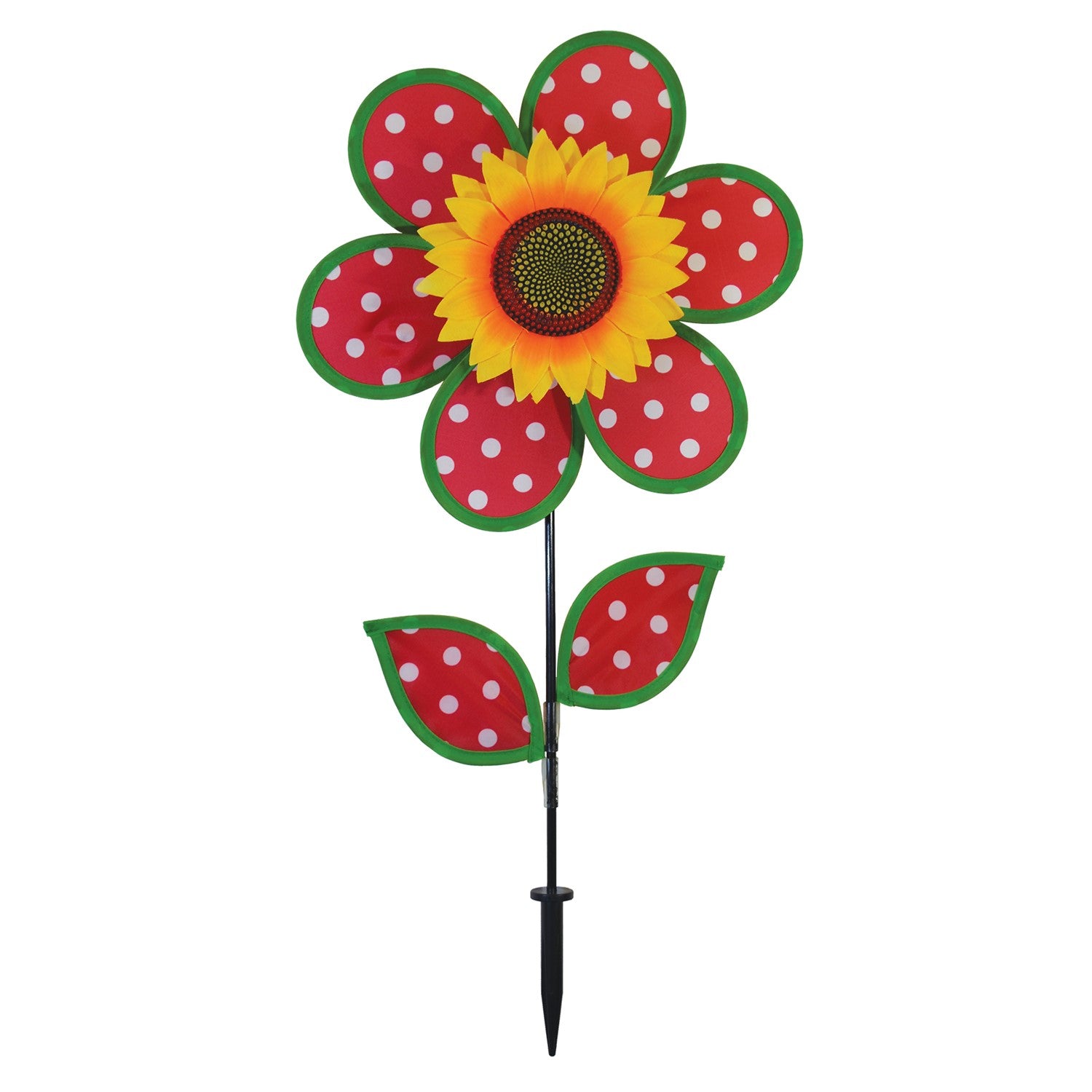 Colorful 12" Polka Dot Sunflower Spinner featuring red and white polka dots, with matching leaves and a sturdy fiberglass pole, displayed outdoors in a garden setting.