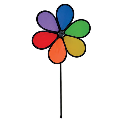 12-inch Rainbow Dazy Petal Spinner featuring six colorful petals, displayed in a garden, showcasing vibrant colors spinning in the breeze.