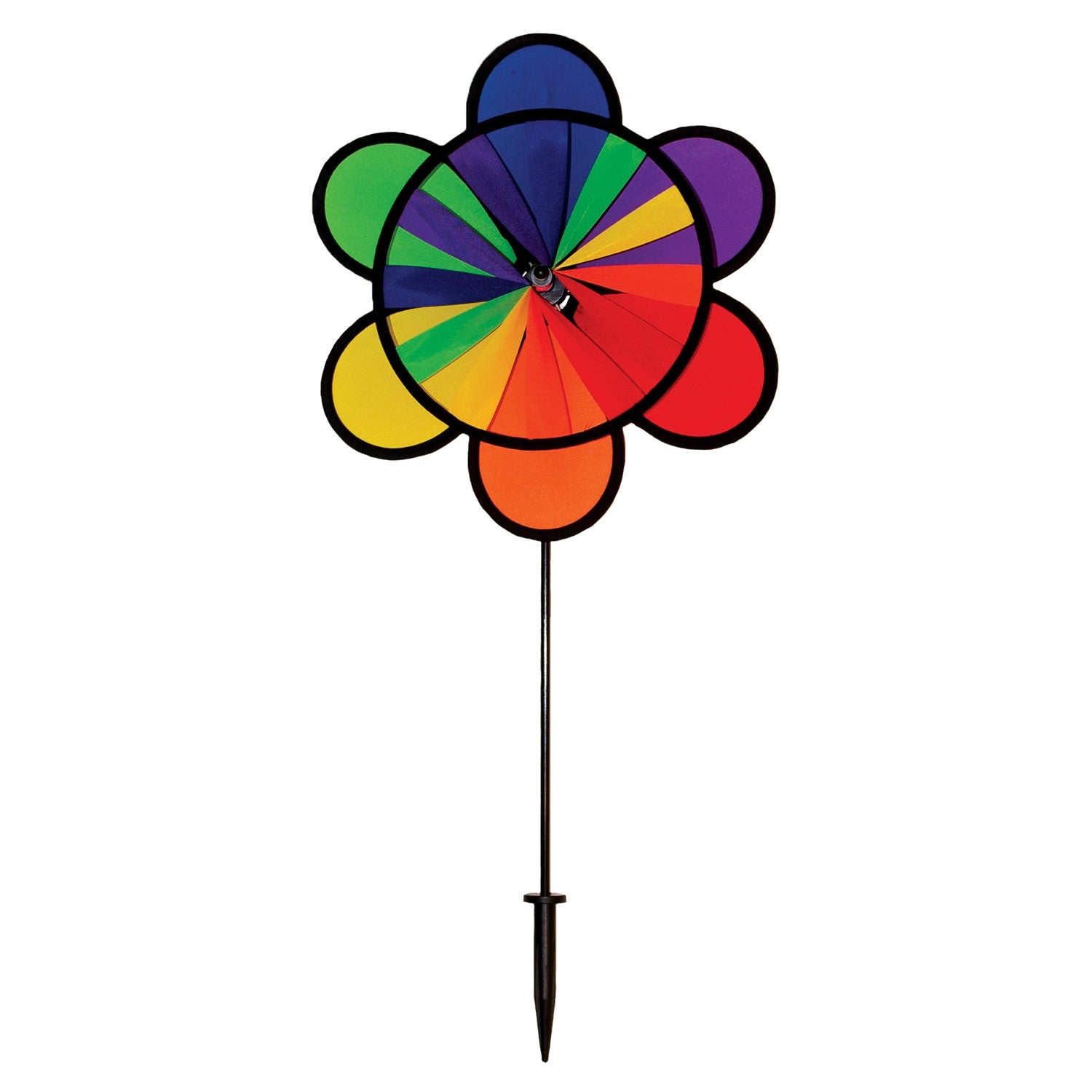 12-inch Rainbow Double Flower Wheel Combo wind spinner with vibrant colors, spinning gracefully in an outdoor garden setting.