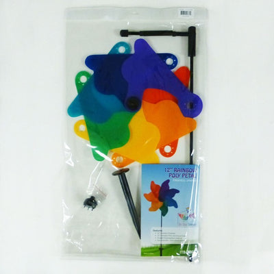 Colorful 12-inch Rainbow Poly Petal Spinner featuring bright petals on a fiberglass pole, spinning pleasantly in a garden setting.