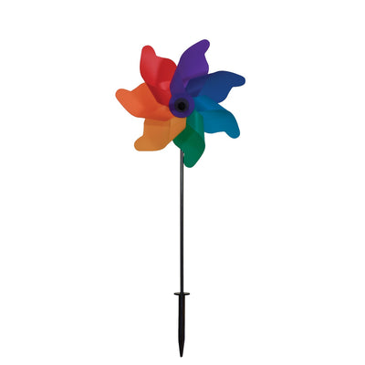 Colorful 12-inch Rainbow Poly Petal Spinner featuring bright petals on a fiberglass pole, spinning pleasantly in a garden setting.