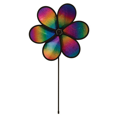 12' Rainbow Whirl Flower Spinner with dazzling multi-colored petals spinning on a fiberglass pole in a garden setting.