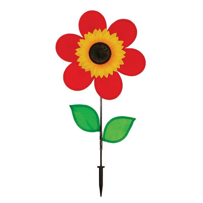 12-inch Red Sunflower Spinner with vibrant red petals and detailed center, spinning on a fiberglass pole in a colorful garden setting.