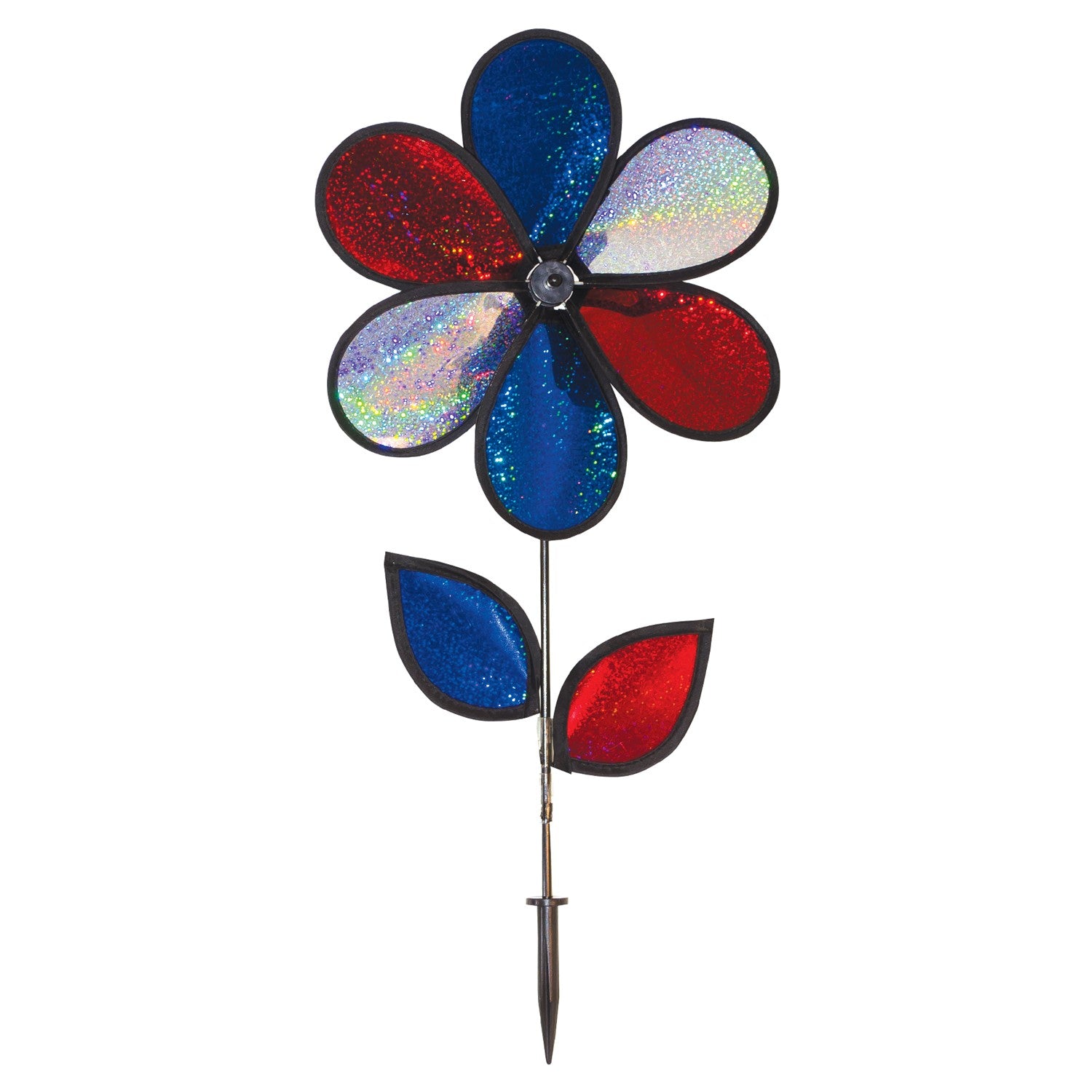 12-inch red, white, and blue sparkle flower spinner rotating in a garden, showcasing its Mylar petals and sturdy fiberglass pole.