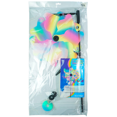 12-inch Striped Iridescent Pinwheel Spinner with pastel striped Mylar petals, displayed on a fiberglass pole in a blooming flower garden.