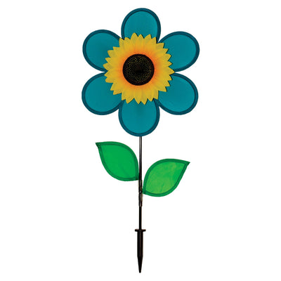Vibrant 12-inch teal sunflower spinner with bright teal petals, green leaves, and a detailed sunflower center displayed in a garden setting.