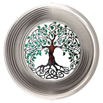 12" Tree of Life Wind Spinner made from powder-coated stainless steel, featuring a symbolic tree design and dynamic motion for elegant outdoor décor.