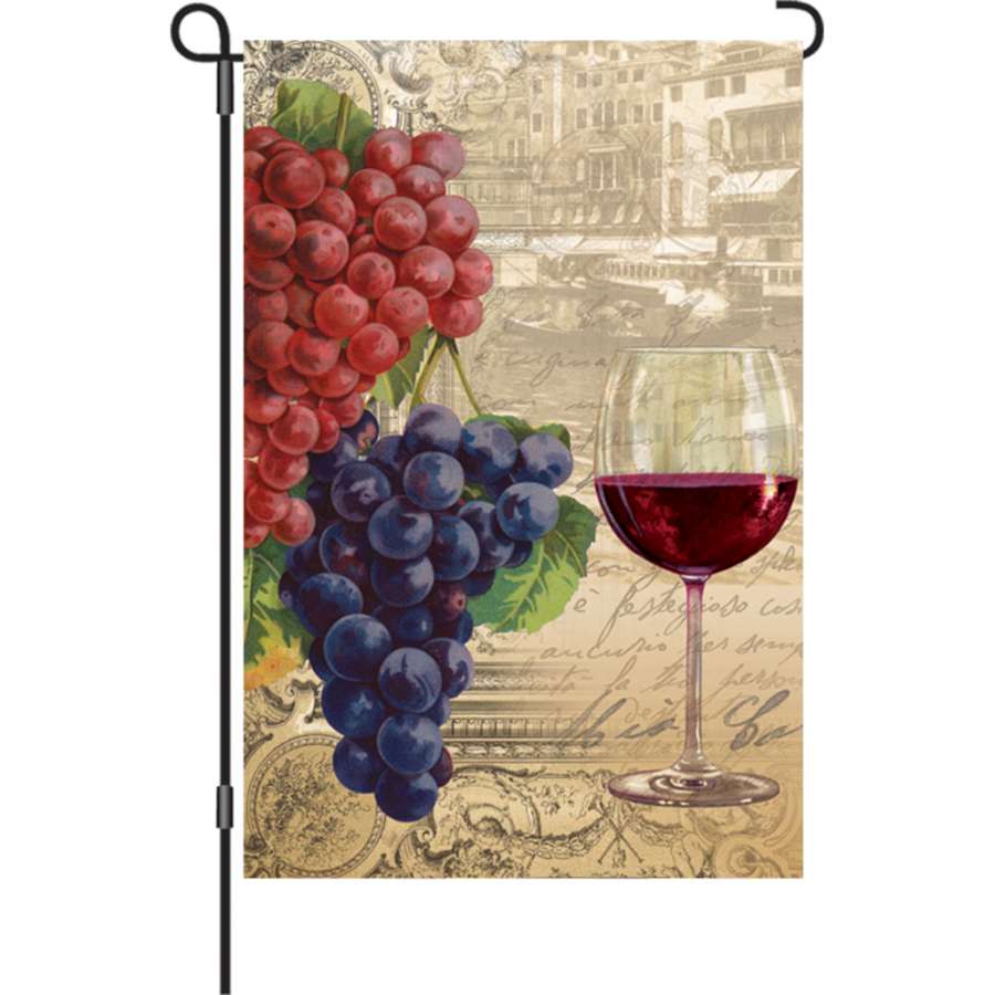 12-inch Vintage Wine garden flag featuring illuminated wine-themed design displayed on flag pole, perfect for outdoor celebrations.