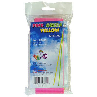12' Pink, Green & Yellow Kite Tail displayed flying in the sky, showcasing vibrant colors and ripstop fabric texture, perfect for outdoor kite activities.
