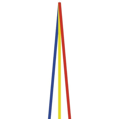 12' Red, Yellow & Blue Kite Tail made of ripstop fabric fluttering in the wind during a bright day, showcasing vibrant primary colors.