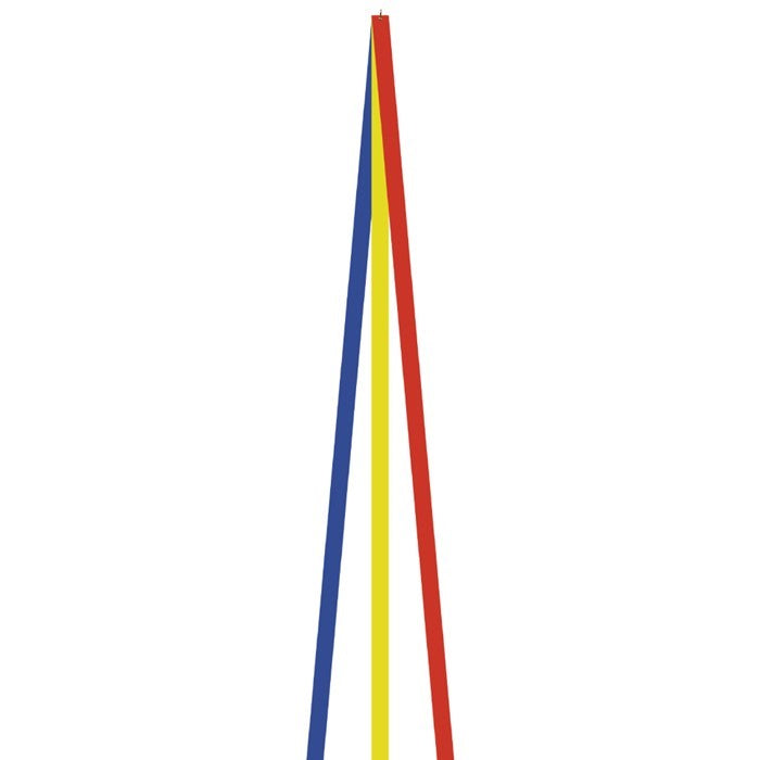 12' Red, Yellow & Blue Kite Tail made of ripstop fabric fluttering in the wind during a bright day, showcasing vibrant primary colors.