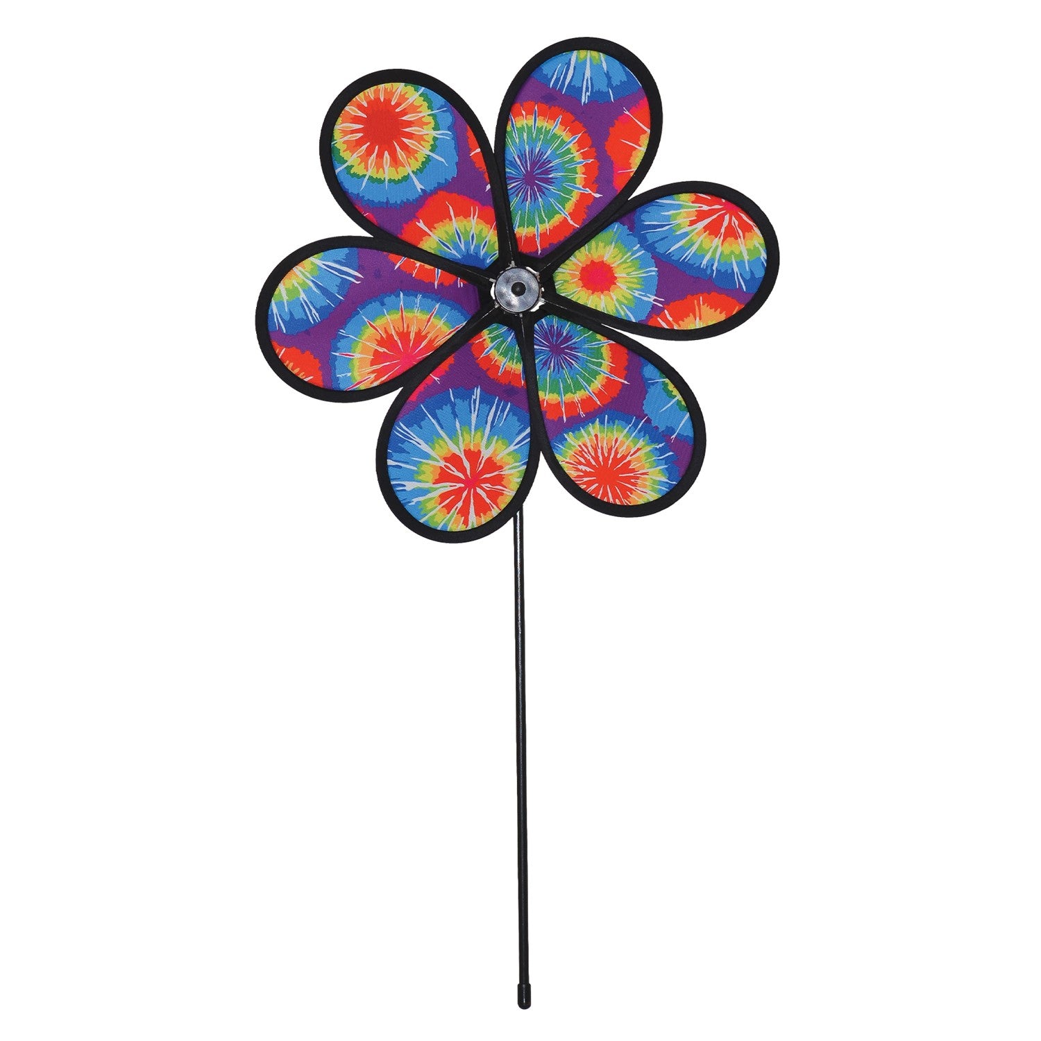 12-inch Tie Dye Flower garden spinner with colorful petals spinning in the breeze on a fiberglass pole, enhancing garden decor's vibrancy.