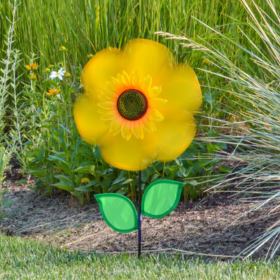 12" yellow sunflower spinner with bright petals and green leaves, designed to spin in the breeze for colorful outdoor decoration.