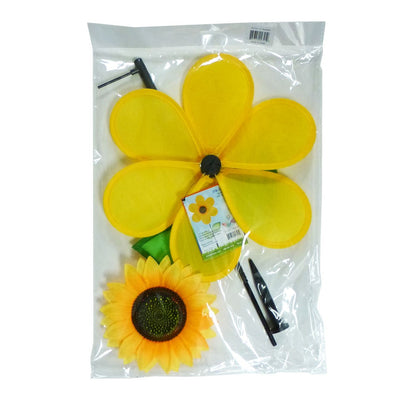 12" yellow sunflower spinner with bright petals and green leaves, designed to spin in the breeze for colorful outdoor decoration.