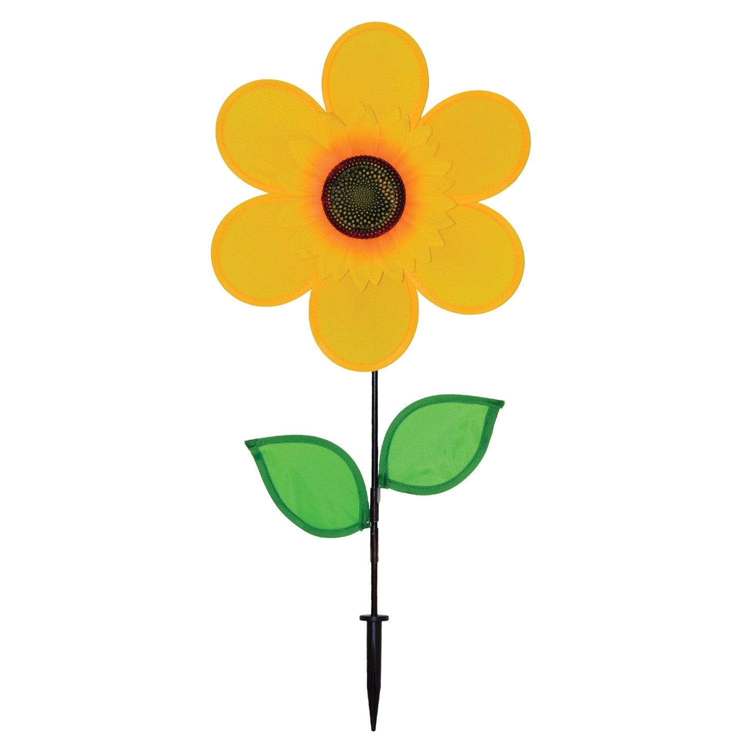 12" yellow sunflower spinner with bright petals and green leaves, designed to spin in the breeze for colorful outdoor decoration.
