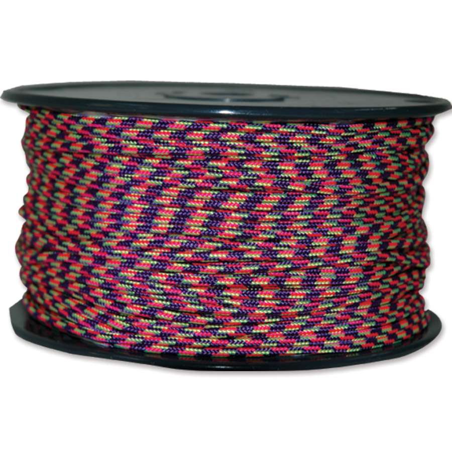 A 1250Lb braided polyester kite line measuring 328 feet, bright colored and designed for durability, displayed with a kite during flight.