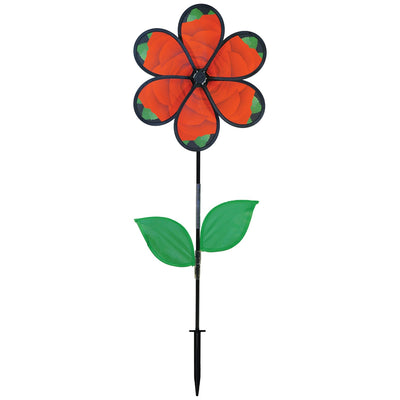 Beautiful 13.5 inch Rose Spinner with Leaves featuring realistic petals and green leaves, spinning in a garden setting on a fiberglass pole.
