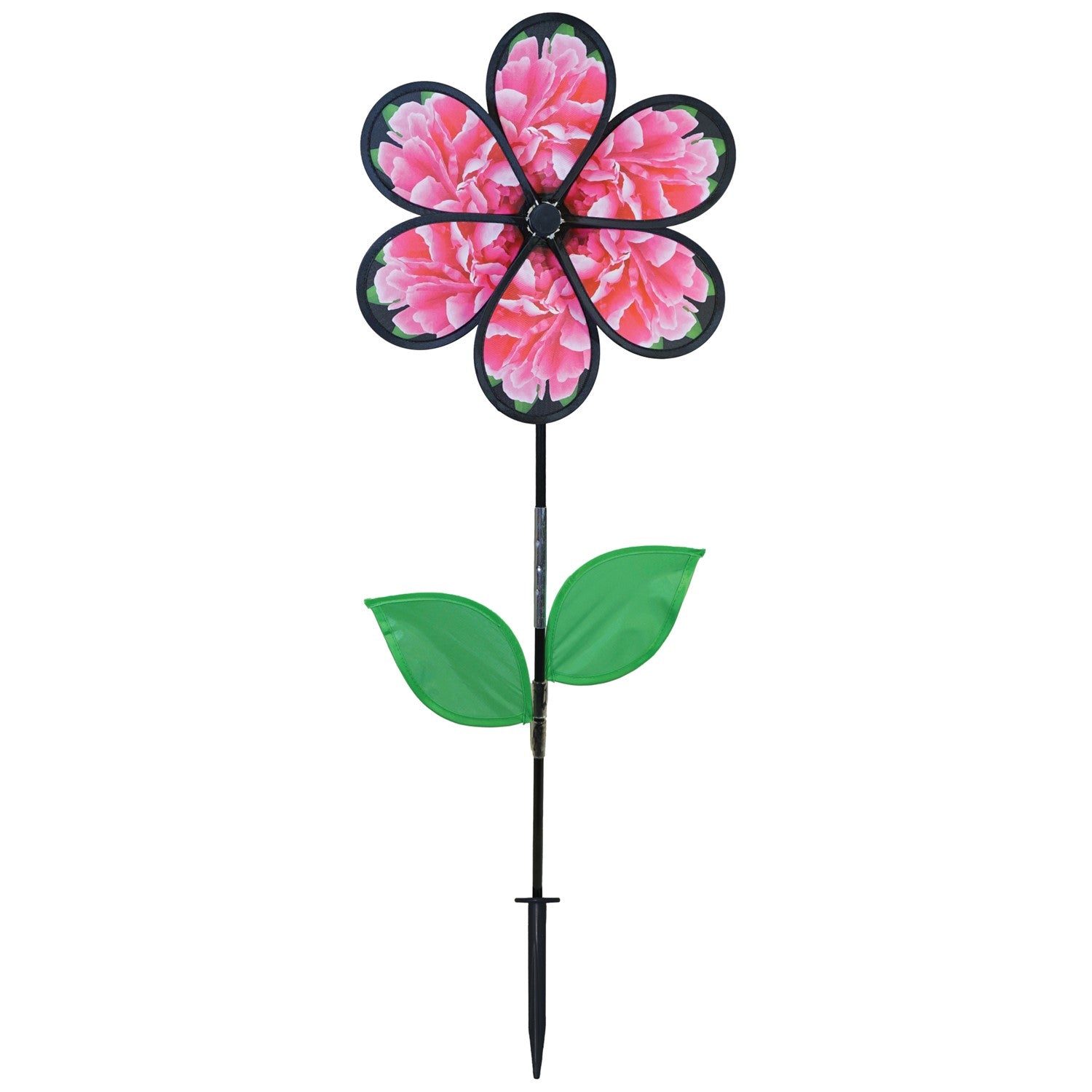 13.5 inch Peony Spinner with realistic printed petals and green leaves spinning in a charming outdoor garden setting.