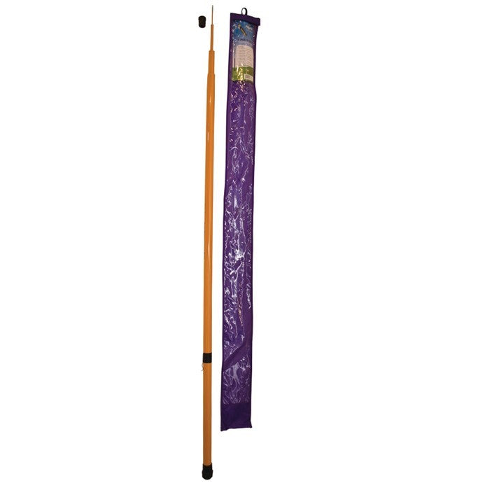 13' Flexible Telescoping Pole made of fiberglass with eyelet and banner clip, displayed outdoors, ready for lightweight decoration.