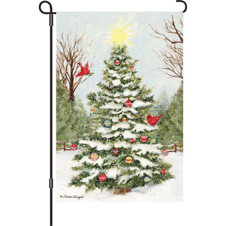 13 in. Elite Oversized Garden Flag featuring a Blessing of Peace Tree design, showcasing vibrant colors and a serene theme in an outdoor setting.