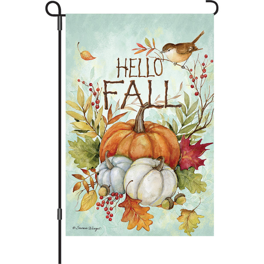 Hello Fall oversized garden flag in rich autumn colors and charming designs, waving gracefully in an outdoor setting with a garden flag pole.