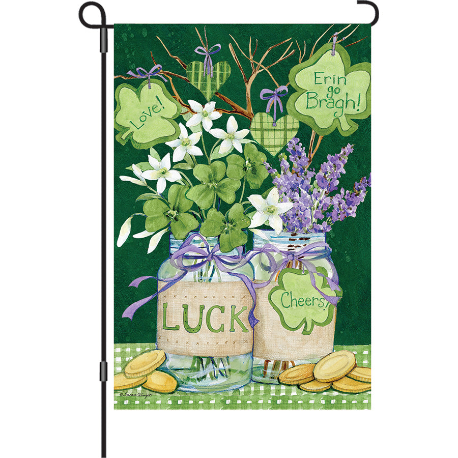 13 in. Elite Oversized Garden Flag with shamrock jars design, perfect for adding festive charm to your garden.
