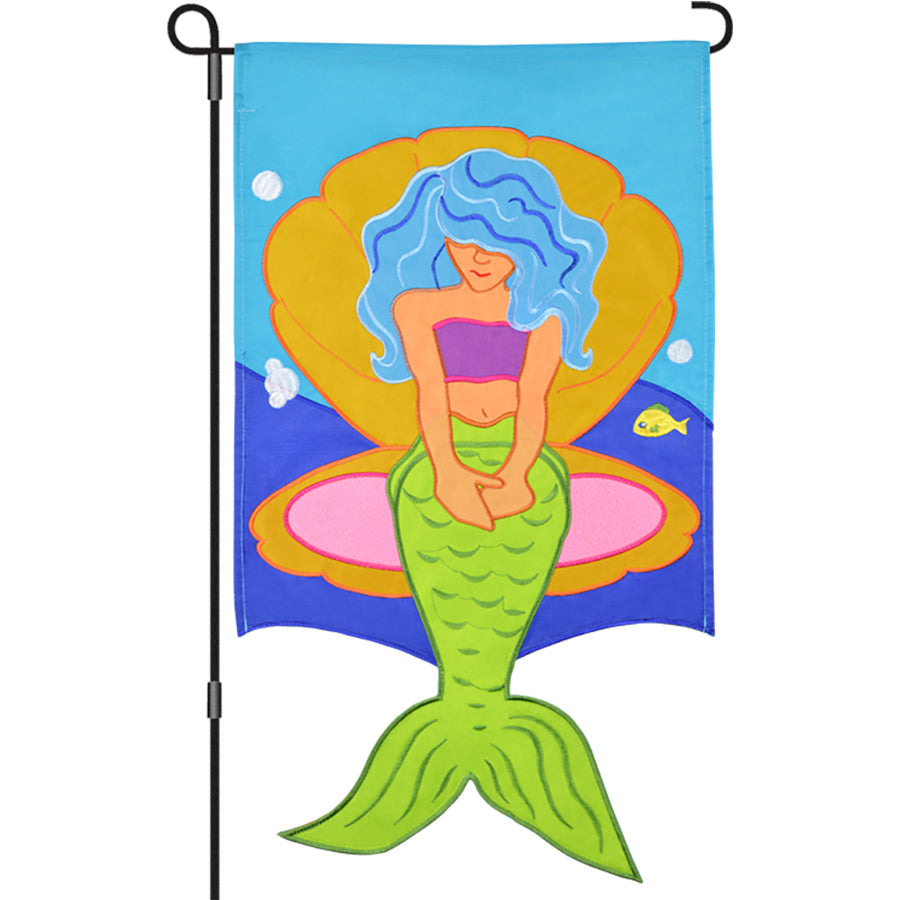 13 in. Enhanced Flag - Mermaid Throne showcasing detailed embroidery of a mermaid on a colorful throne, displayed on a standard garden flag pole.