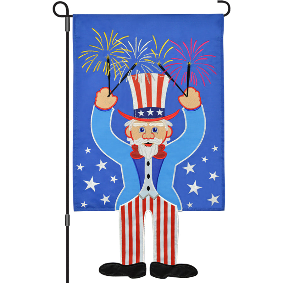 13 in. Enhanced Uncle Sam Sparklers garden flag displayed outdoors, featuring colorful embroidery and patriotic theme.