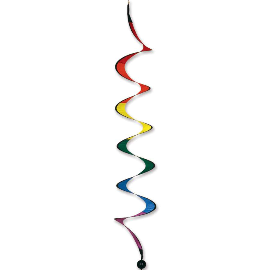 Vibrant 13 in. Spiral Twister - Rainbow catching the wind, showcasing colorful spirals in a bright outdoor garden setting.