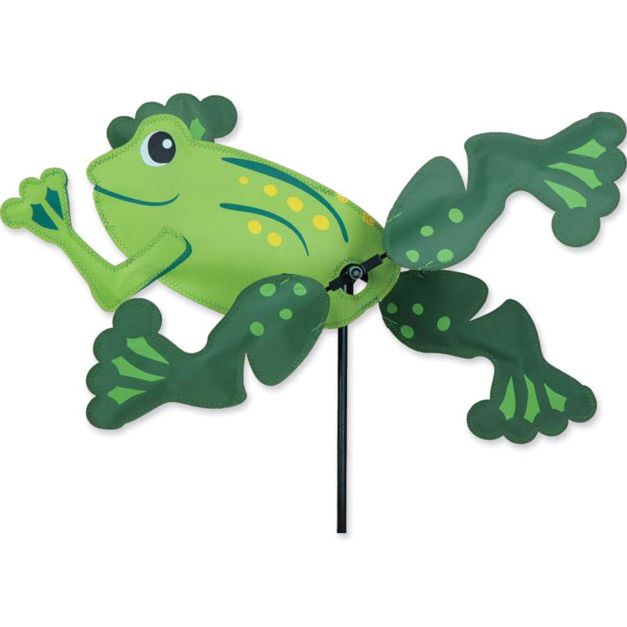 The 13 in. WhirliGig Spinner - Frog features a humorous frog design spinning gracefully in the breeze, bringing fun to your garden decor with vibrant colors.
