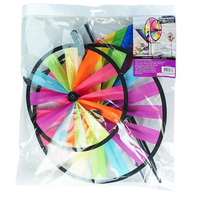 13-inch Fiesta Double Spinner with Wind Sail showcasing vibrant colors and dual spinning wheels, placed in a garden setting.