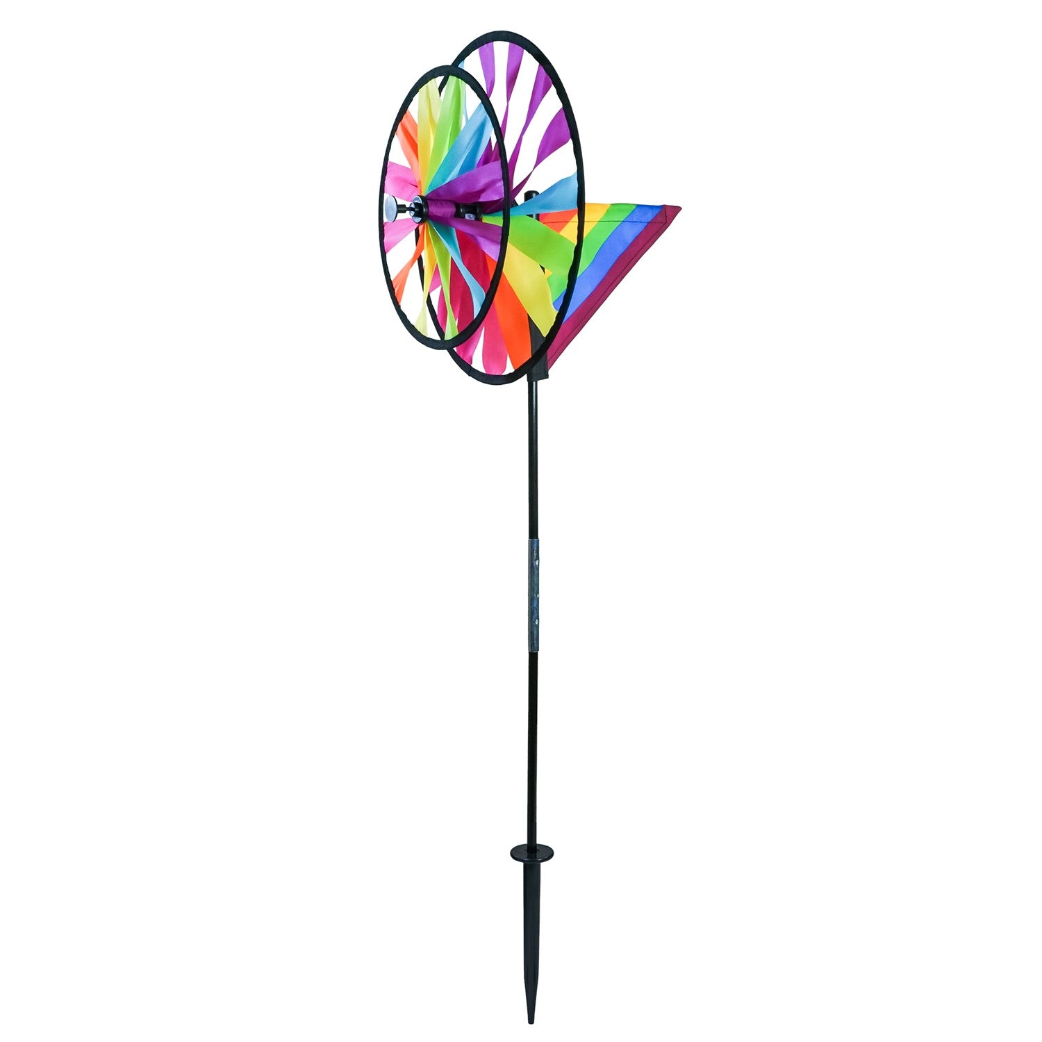 13-inch Fiesta Double Spinner with Wind Sail showcasing vibrant colors and dual spinning wheels, placed in a garden setting.
