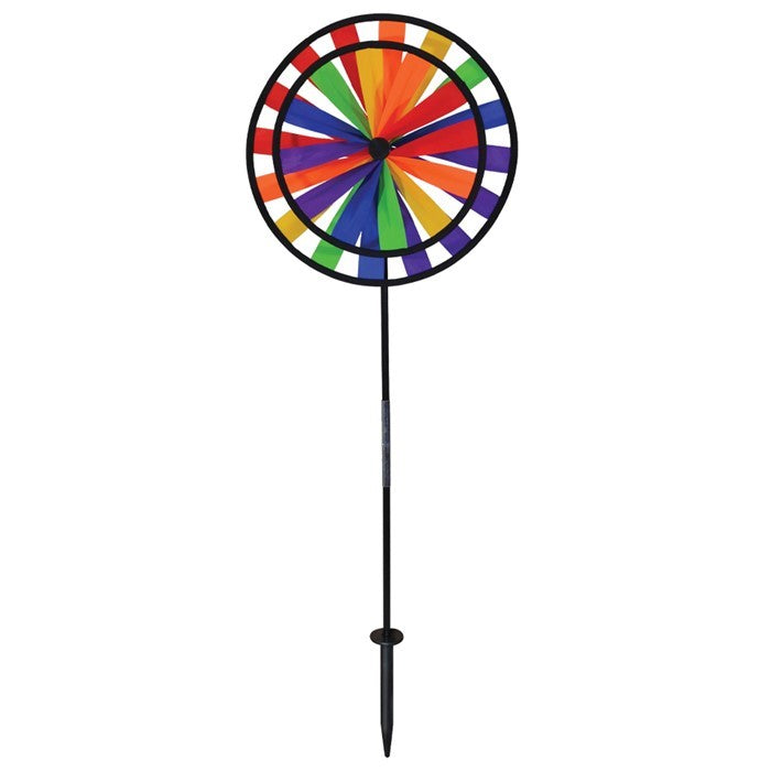 13-Inch Rainbow Double Wheel Spinner featuring colorful double wheels spinning in the breeze, ready for outdoor display in a garden or patio setting.