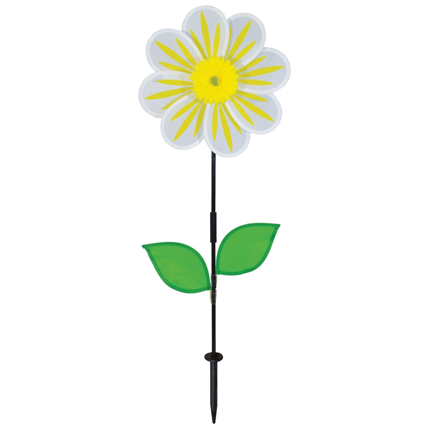 A 13-inch White Daisy Flower Spinner spinning in a garden, featuring an 8-petal design with a white floral motif against a natural backdrop.