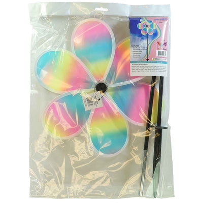 13.5-inch striped iridescent flower spinner with colorful stripes and a shimmering finish, spinning in a garden setting.